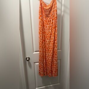 Michael Kors Orange and White A-Line Ruched Maxi Dress